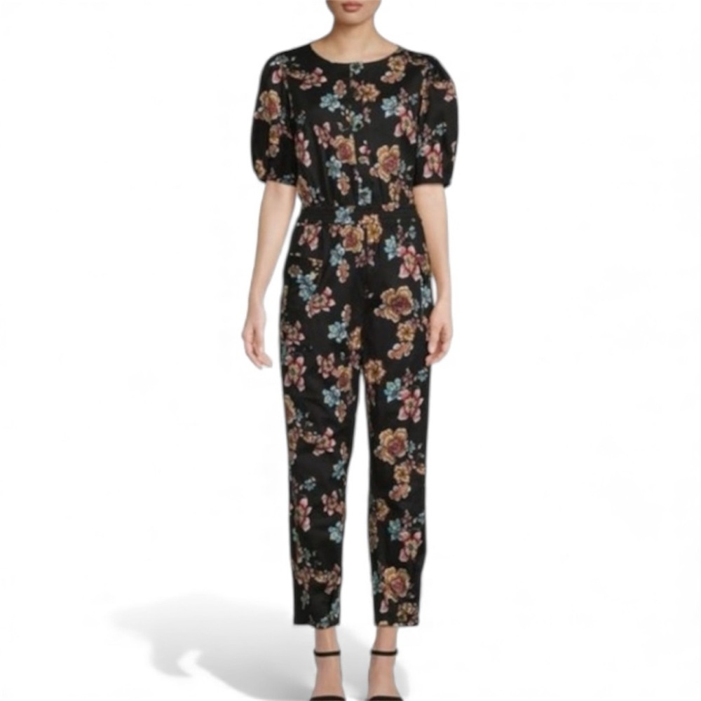 H HALSTON BLACK FLORAL MEDIUM JUMPSUIT PUFF SLEEVE VINTAGE DARK COTTAGECORE